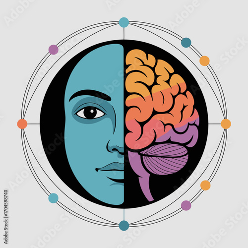 This image showcases a stylized depiction of a human face merged with a colorful brain, highlighting the interplay of intellect and emotion through artistic design.