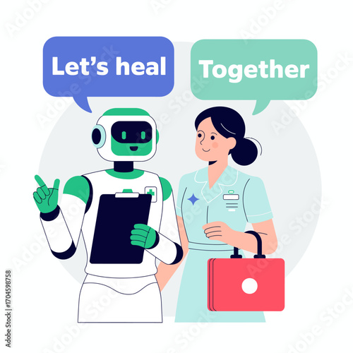 A collaborative scene shows a robot and a nurse working together, epitomizing the future of healthcare where technology aids human wellbeing.