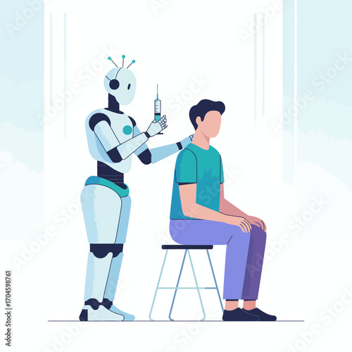 The image depicts a robot preparing to administer a vaccine, showcasing the integration of artificial intelligence in healthcare and the evolution of patient care.