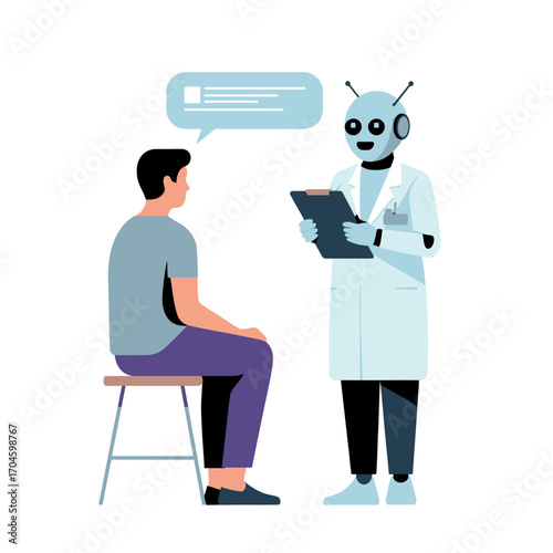 A friendly robot in a lab coat is seen reviewing a clipboard with a human client, highlighting the evolution of patient care with technology-driven consultations.