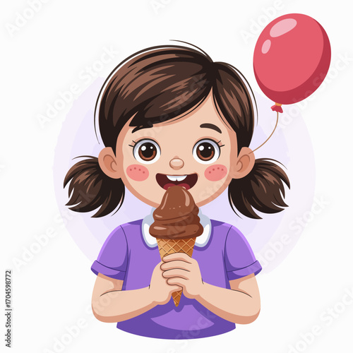 A cheerful girl with pigtails happily holds an ice cream cone and a balloon, capturing the essence of childhood joy and carefree moments of delight.