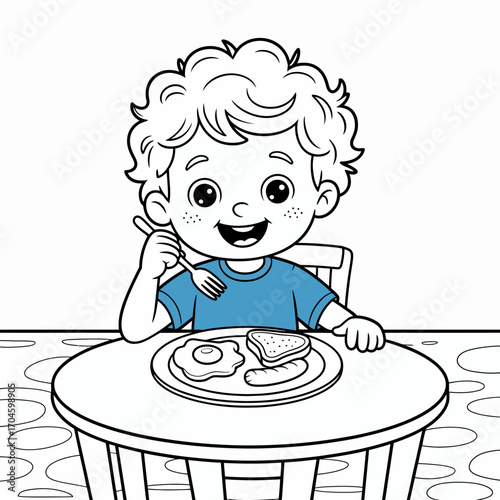 An outline illustration of a joyful boy enjoying his breakfast displays the essence of childhood happiness and the warmth of family moments during meal times.