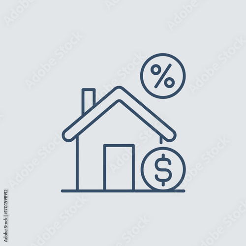 An illustration showing a house, a percentage symbol, and a dollar sign, representing home loans, mortgage rates, and an affordable housing concept in finance.