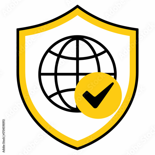 A vibrant yellow shield featuring a globe and a tick icon, symbolizing digital security and assurance, reflecting trust in online transactions and user experience.