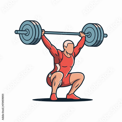 A dedicated weightlifter is performing an overhead squat with a heavy barbell, showcasing strength and athleticism in a vibrant red workout outfit during his training session.