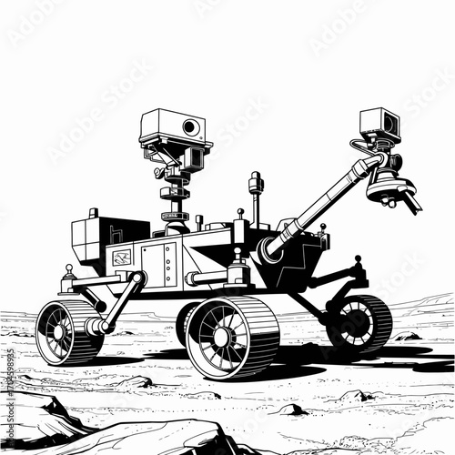 This image depicts a stylized Mars rover, designed with futuristic elements, representing the technological advancements and aspirations in space exploration and robotic engineering.