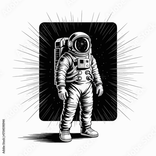 A dynamic graphic art piece depicting an astronaut surrounded by expansive space, conveying a sense of exploration and profound wonder in a bold monochromatic style.