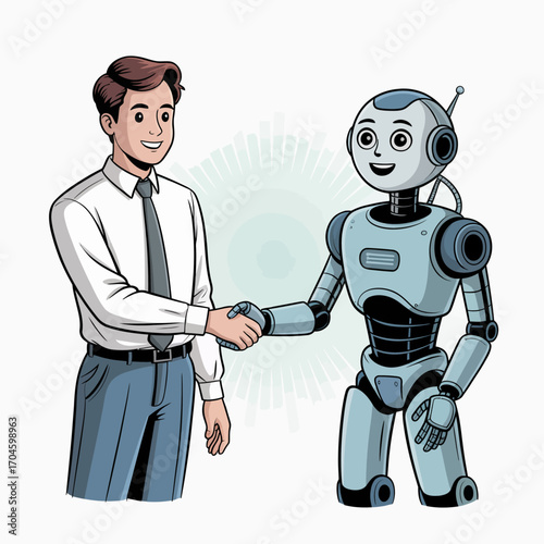 This illustration depicts a person shaking hands with a friendly robot, symbolizing collaboration between humans and technology in a professional environment.