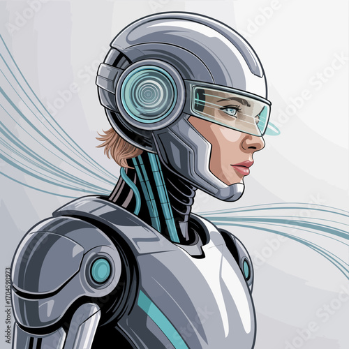 This image portrays a futuristic female cyborg with an aerodynamic helmet and sleek armor, embodying advanced technology and innovation in robotics and AI design.