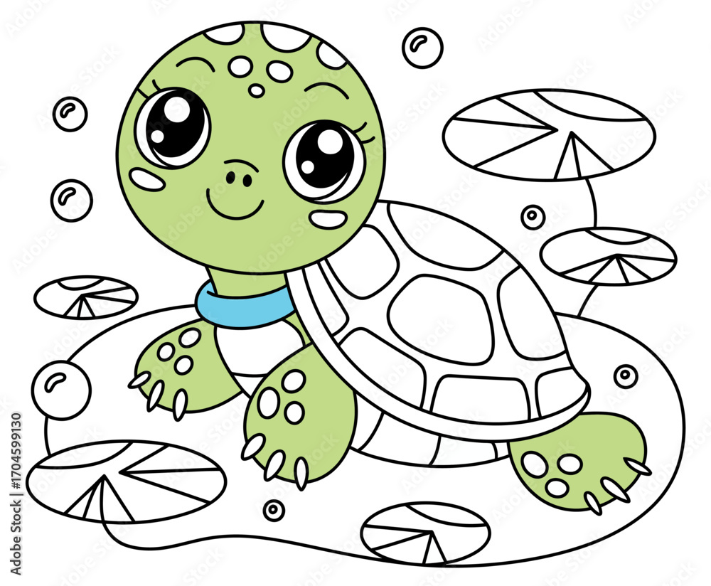 Obraz premium A charming illustration of a turtle swimming amidst water lilies, capturing the essence of tranquility and harmony in nature's aquatic landscapes.