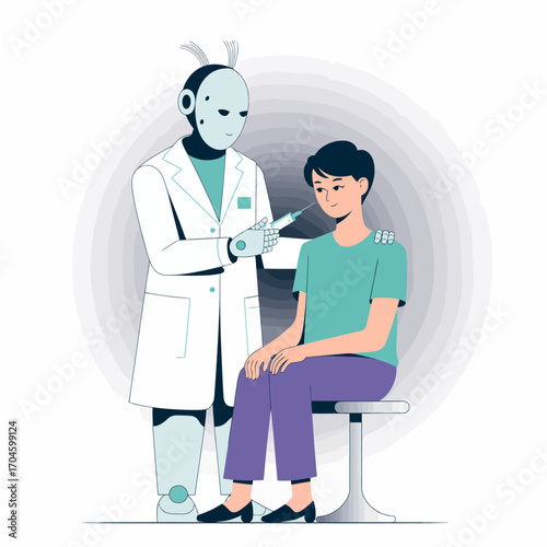 This illustration shows a robot delivering a vaccine shot to a patient, representing the seamless integration of technology in healthcare and the future of patient treatment.