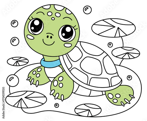 A charming illustration of a turtle swimming amidst water lilies, capturing the essence of tranquility and harmony in nature's aquatic landscapes.