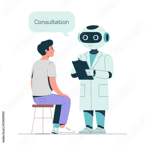 A robot with a clipboard presents a friendly face as it conducts a consultation, bridging the gap between human health care and innovative technology.