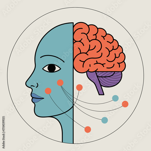 This illustration features a side profile of a female face intertwined with a colorful brain and represented neural connections, symbolizing intelligence and emotional depth.