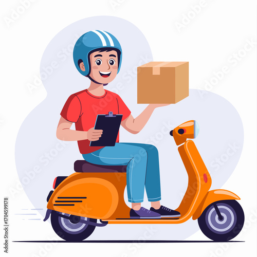 A smiling delivery rider speeds on their orange scooter, holding a package and a clipboard, showcasing the energetic spirit of city delivery services.
