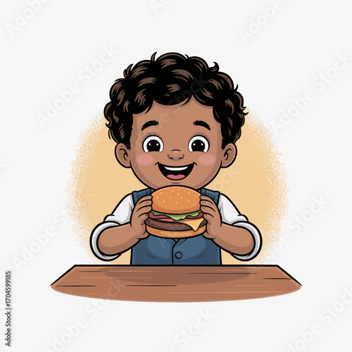 A cheerful young boy proudly holds a large hamburger, showcasing his excitement and enjoyment of food, embodying joy and hunger in a playful atmosphere.