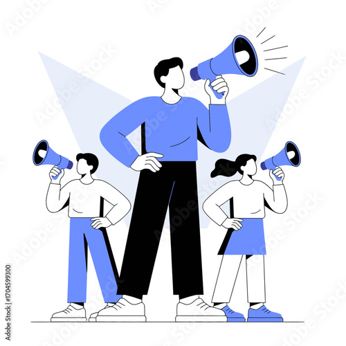 This image showcases three diverse individuals holding megaphones, symbolizing unity and empowerment while advocating for important causes and social change in the community.