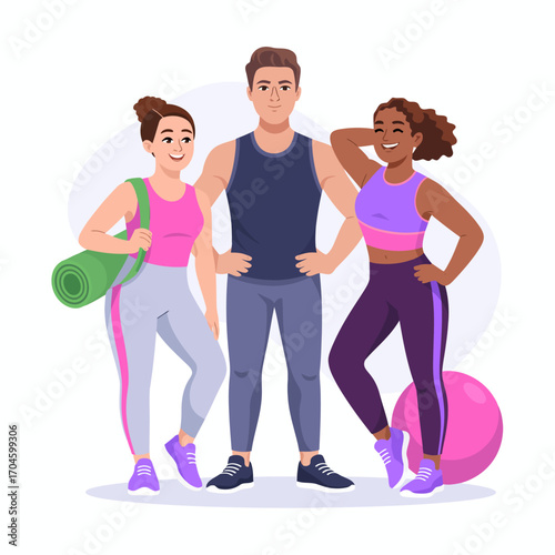 Three energetic individuals pose with gym equipment, including a mat and exercise ball, reflecting their dedication to fitness and a healthy lifestyle in a vibrant setting.