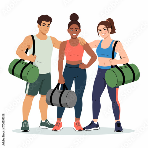This vibrant image showcases three active friends posing together with their gym bags, embodying enthusiasm for fitness and shared experiences in a friendly environment.