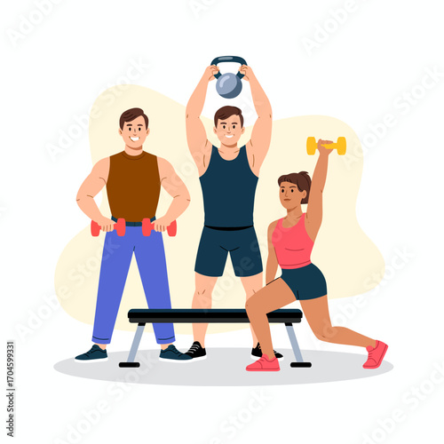 This vibrant image depicts three friends engaged in a group fitness exercise session, showcasing their determination and excitement while using gym equipment to build strength.