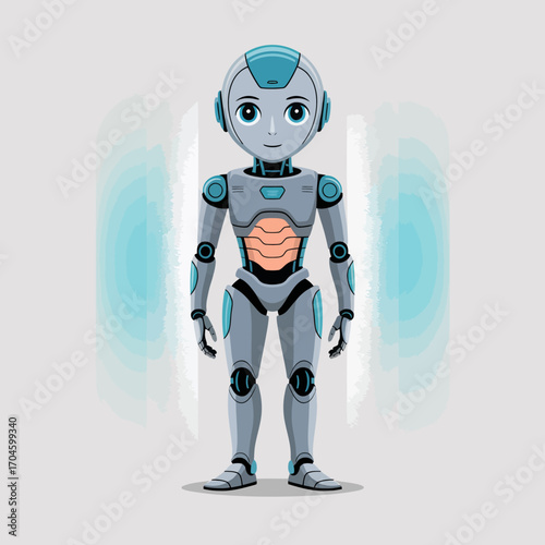 This image features a cute small robot character depicted in a playful pose, designed to evoke feelings of joy and creativity through its engaging features and friendly demeanor.