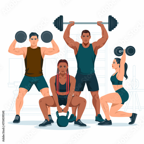 A dynamic group of four fitness enthusiasts demonstrating a variety of weightlifting exercises showcasing strength and camaraderie in a modern gym environment.