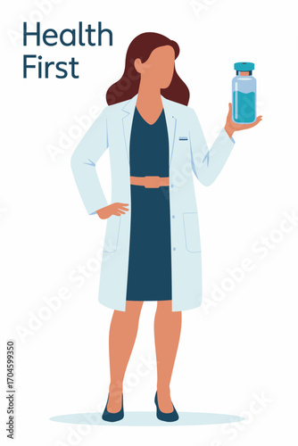 This illustration features a healthcare practitioner confidently displaying a medicine vial, embodying professionalism and the importance of health and wellness in society.