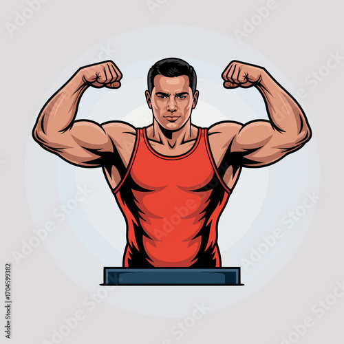 This image features a confident man flexing his biceps in a vibrant red tank top, exuding strength and energy, perfect for health and fitness-related applications.