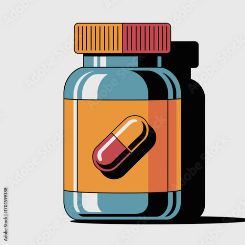 This stylized image of a medicine bottle containing a capsule showcases cleanliness and professionalism, making it an ideal choice for pharmaceutical marketing and branding.