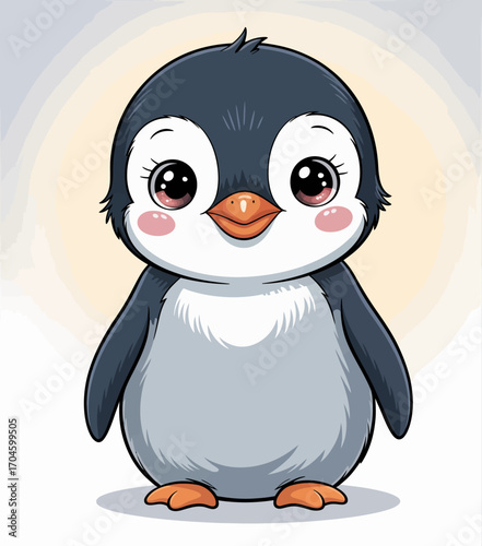 This delightful cartoon penguin smiles at the viewer, exuding warmth and joy while standing against a softly lit background that enhances its cute and friendly demeanor.