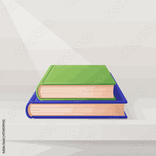 A minimalist illustration of two vibrant books stacked, set on a shelf with soft illuminating light, symbolizing the pursuit of knowledge and the joy of reading.