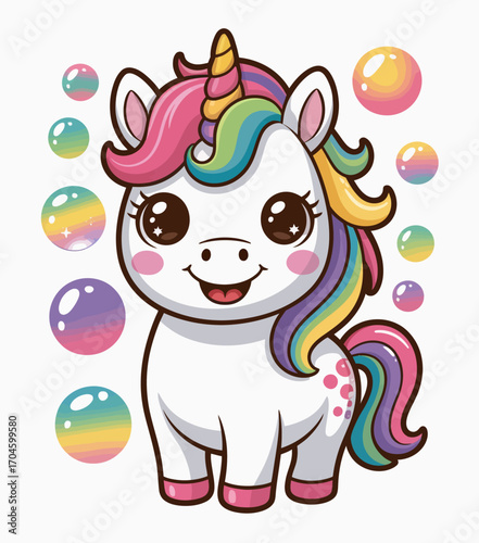 This adorable unicorn features a charming smile, a vibrant rainbow mane, and playful bubbles surrounding it, making it a perfect illustration for whimsical designs.