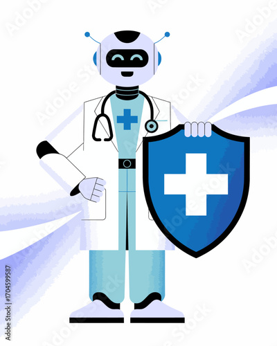 A cheerful robot doctor holds a health shield, symbolizing trust and care, showcasing a friendly and supportive approach to modern healthcare solutions for everyone.