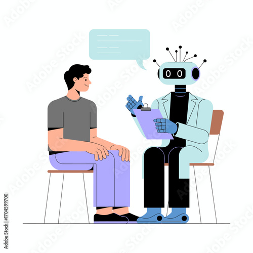 A humanoid robot interacts with a human patient, showcasing the blend of technology and personal engagement in healthcare consultations.