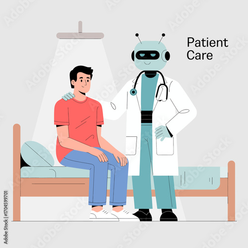 A robot, dressed as a doctor, offers a reassuring hand to a young man sitting on a bed, symbolizing the blend of technology and compassion in modern patient care.