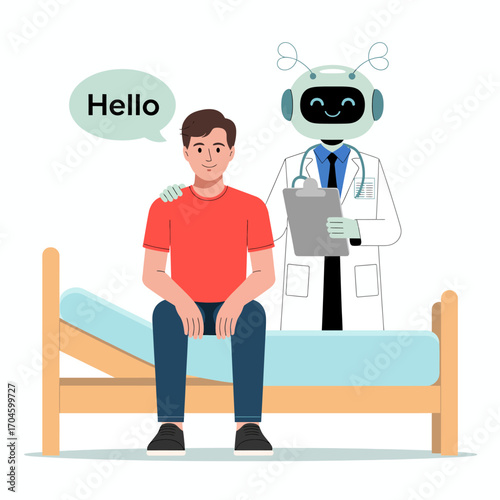 A buoyant robot doctor offers reassurance to a young patient in a comforting medical environment, symbolizing the blend of technology and compassionate healthcare.