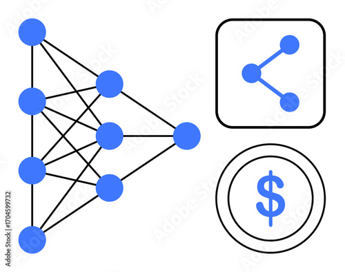 Neural network with connected blue dots, share icon in square outline, and dollar symbol. Ideal for AI, machine learning, finance, innovation, networking, digital economy simple landing page