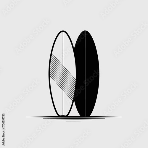 This image features two surfboards designed with a minimalist aesthetic, showcasing clean lines and geometric shapes that evoke a sense of modern artistry and leisure.