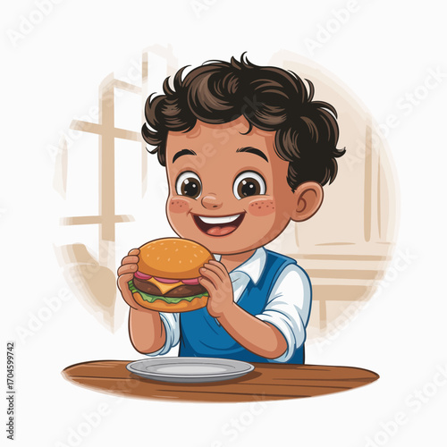 A cheerful young boy with curly hair joyfully prepares to enjoy a big burger, showcasing his excitement and appetite while sitting at a table in a bright setting.