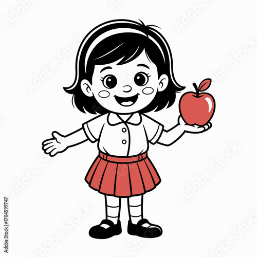 The smiling girl with short hair proudly displays an apple in her hand, embodying joy and health, dressed in a charming school uniform ready for class.