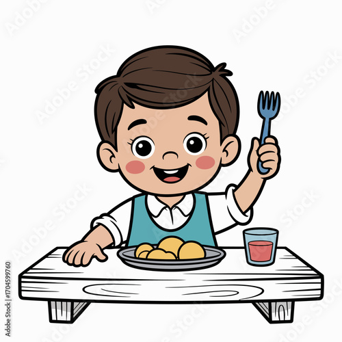 A happy boy with rosy cheeks raises his fork with excitement while enjoying delicious potato balls at his meal, embodying joy and satisfaction in a colorful illustration.