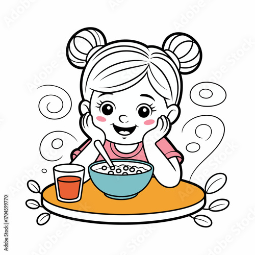 The girl sits at the table, resting her chin on her hands, joyfully enjoying her cereal, with a glass of juice beside her, reflecting happiness and contentment.