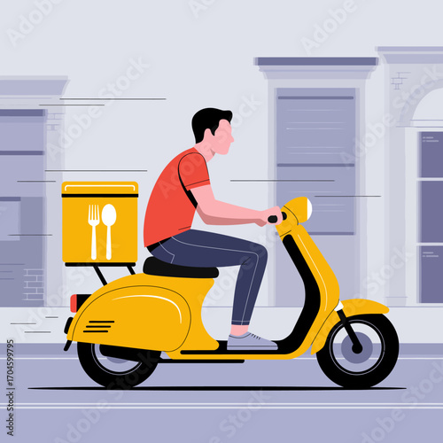 An animated delivery rider cruises on a yellow scooter with determination, representing the vibrant world of food delivery amidst a busy urban backdrop full of life and energy.
