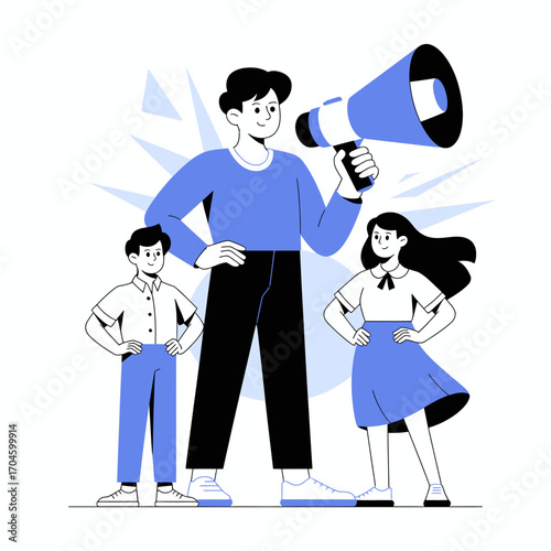 The image displays a cheerful trio of individuals with megaphones, representing collaboration and enthusiasm in advocating for change and voicing opinions in a vibrant community.