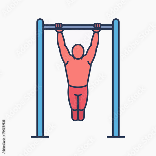 A strong male athlete demonstrates a pull-up exercise on horizontal bars, showcasing strength and fitness in a minimalist design. Ideal for promoting healthy lifestyles.