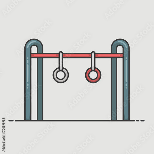 This artistic representation shows a pair of gymnastics rings suspended from a minimalist structure, emphasizing fitness and skilled training in a modern design environment.