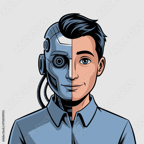 This artistic expression showcases an intricate fusion of a human face and robotic elements, reflecting on the interconnection between man and machine in modern society.