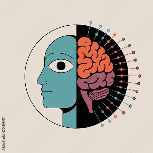 This artistic profile features a simplified face with a vibrant brain and lines representing neural connections, capturing the essence of human thought and creativity.