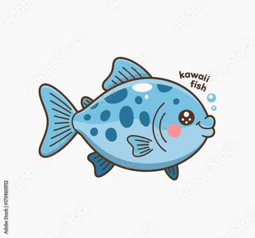 A kawaii-themed blue fish exudes charm with its lively expression and cute bubbles, making it ideal for children's illustrations or cheerful graphics.