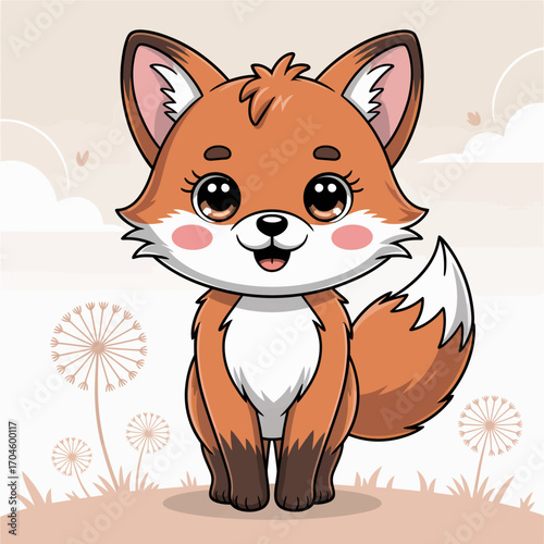 A charming fox stands in a beautiful nature-inspired setting with a joyful expression, capturing the essence of playfulness and warmth in delightful animal illustrations.